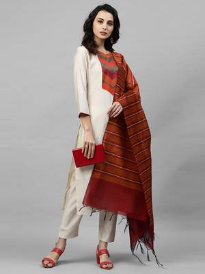 Indo Era Cream Solid Straight Kurta Pant with Dupatta Sets 5