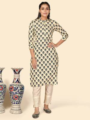 Vbuyz Women's Printed Straight Cotton Beige Stitched Kurta 1