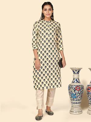 Vbuyz Women's Printed Straight Cotton Beige Stitched Kurta 2