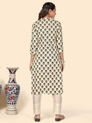 Vbuyz Women's Printed Straight Cotton Beige Stitched Kurta 3