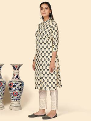 Vbuyz Women's Printed Straight Cotton Beige Stitched Kurta 4