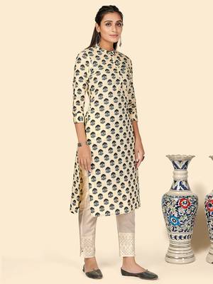 Vbuyz Women's Printed Straight Cotton Beige Stitched Kurta 5