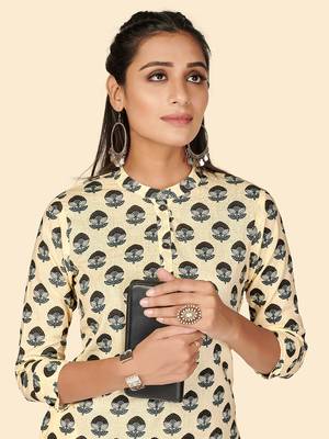 Vbuyz Women's Printed Straight Cotton Beige Stitched Kurta 6