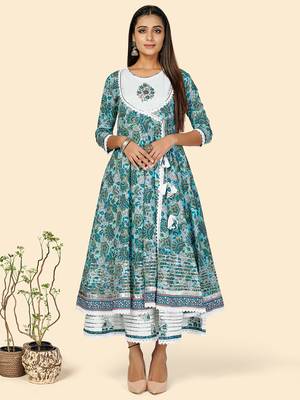 Vbuyz Women's Print & Hand Work Anarkali Cotton Turquoise Stitched Kurta With Shrug 1