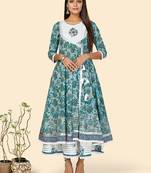 Vbuyz Women's Print & Hand Work Anarkali Cotton Turquoise Stitched Kurta With Shrug