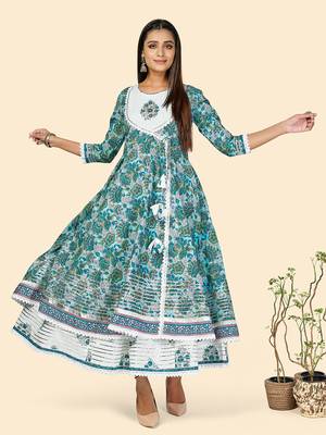Vbuyz Women's Print & Hand Work Anarkali Cotton Turquoise Stitched Kurta With Shrug 2