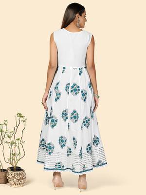 Vbuyz Women's Print & Hand Work Anarkali Cotton Turquoise Stitched Kurta With Shrug 4