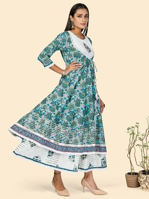 Vbuyz Women's Print & Hand Work Anarkali Cotton Turquoise Stitched Kurta With Shrug 5