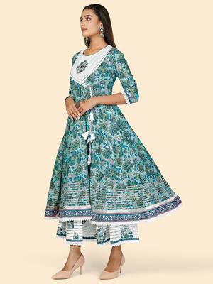 Vbuyz Women's Print & Hand Work Anarkali Cotton Turquoise Stitched Kurta With Shrug 6