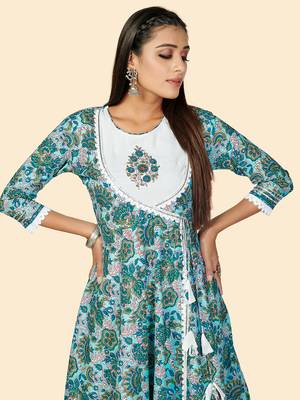 Vbuyz Women's Print & Hand Work Anarkali Cotton Turquoise Stitched Kurta With Shrug 7