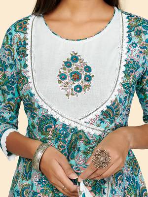 Vbuyz Women's Print & Hand Work Anarkali Cotton Turquoise Stitched Kurta With Shrug 8