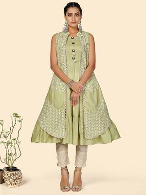 Vbuyz Women's Chikankari Anarkali Cotton Pista Stitched Kurta With Shrug 1