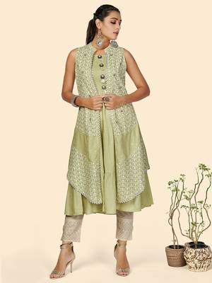 Vbuyz Women's Chikankari Anarkali Cotton Pista Stitched Kurta With Shrug 2
