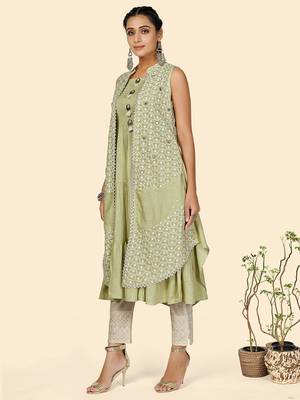Vbuyz Women's Chikankari Anarkali Cotton Pista Stitched Kurta With Shrug 4