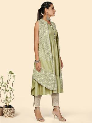 Vbuyz Women's Chikankari Anarkali Cotton Pista Stitched Kurta With Shrug 5