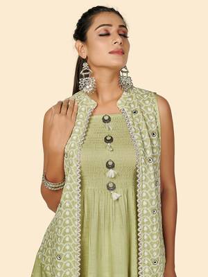 Vbuyz Women's Chikankari Anarkali Cotton Pista Stitched Kurta With Shrug 6