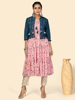 Vbuyz Women's Print & Hand Work Anarkali Georgette Peach Stitched Kurta With Shrug 1