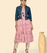 Vbuyz Women's Print & Hand Work Anarkali Georgette Peach Stitched Kurta With Shrug