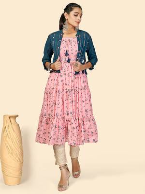 Vbuyz Women's Print & Hand Work Anarkali Georgette Peach Stitched Kurta With Shrug 2