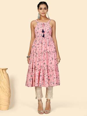 Vbuyz Women's Print & Hand Work Anarkali Georgette Peach Stitched Kurta With Shrug 3