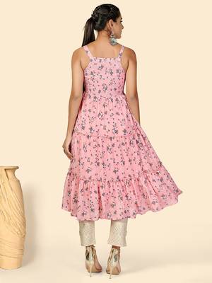 Vbuyz Women's Print & Hand Work Anarkali Georgette Peach Stitched Kurta With Shrug 4