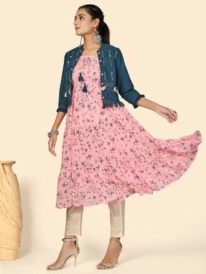 Vbuyz Women's Print & Hand Work Anarkali Georgette Peach Stitched Kurta With Shrug 5
