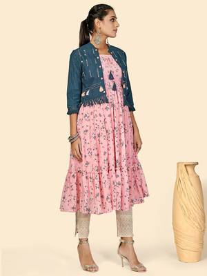 Vbuyz Women's Print & Hand Work Anarkali Georgette Peach Stitched Kurta With Shrug 6