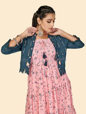 Vbuyz Women's Print & Hand Work Anarkali Georgette Peach Stitched Kurta With Shrug 7