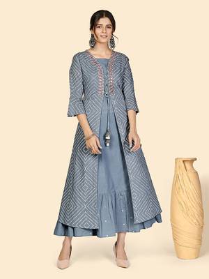 Vbuyz Women's Bandhi & Embroidered Anarkali Cotton Grey Stitched Kurta With Shrug 1