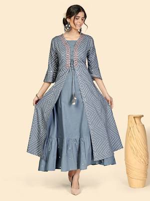 Vbuyz Women's Bandhi & Embroidered Anarkali Cotton Grey Stitched Kurta With Shrug 2
