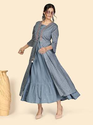 Vbuyz Women's Bandhi & Embroidered Anarkali Cotton Grey Stitched Kurta With Shrug 6