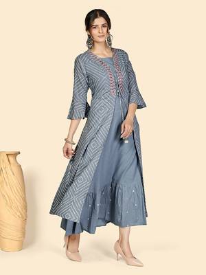 Vbuyz Women's Bandhi & Embroidered Anarkali Cotton Grey Stitched Kurta With Shrug 7