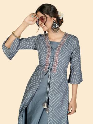 Vbuyz Women's Bandhi & Embroidered Anarkali Cotton Grey Stitched Kurta With Shrug 8