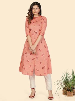 Vbuyz Women's Foil Print A line Cotton Peach Stitched Kurta 1