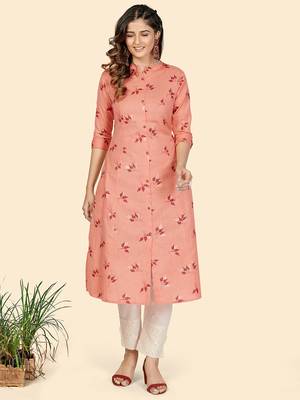 Vbuyz Women's Foil Print A line Cotton Peach Stitched Kurta 2
