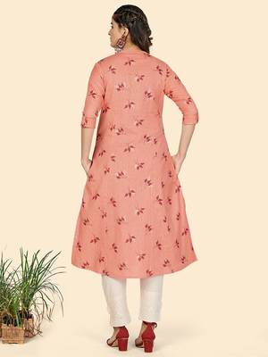 Vbuyz Women's Foil Print A line Cotton Peach Stitched Kurta 3