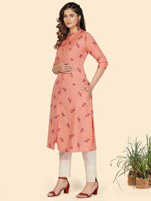 Vbuyz Women's Foil Print A line Cotton Peach Stitched Kurta 4