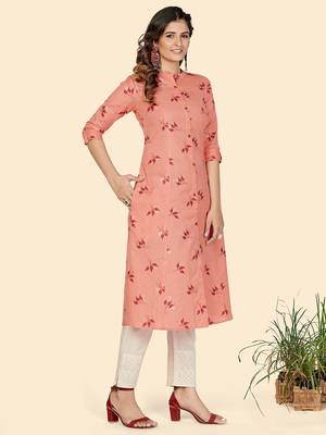 Vbuyz Women's Foil Print A line Cotton Peach Stitched Kurta 5