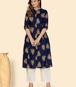 Vbuyz Women's Floral Print A line Rayon Blue Stitched Kurta