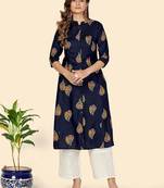 Vbuyz Women's Block Print A line Rayon Blue Stitched Kurta