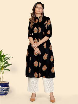 Vbuyz Women's Block Print A line Rayon Black Stitched Kurta 1