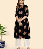Vbuyz Women's Block Print A line Rayon Black Stitched Kurta