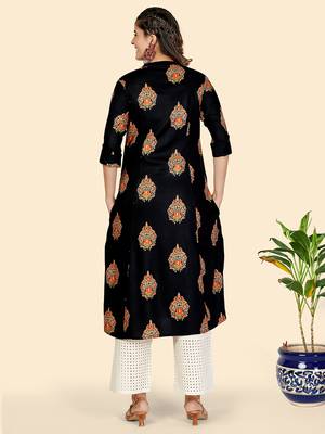 Vbuyz Women's Block Print A line Rayon Black Stitched Kurta 3