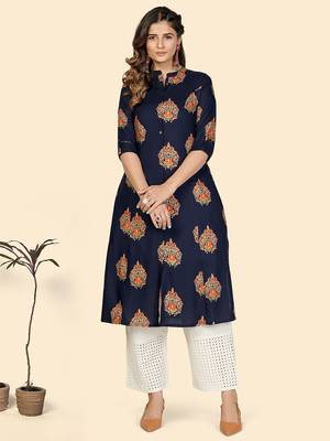 Vbuyz Women's Block Print A line Rayon Blue Stitched Kurta 1