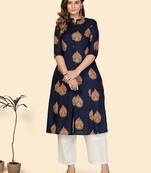 Vbuyz Women's Block Print A line Rayon Blue Stitched Kurta