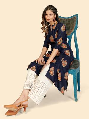 Vbuyz Women's Block Print A line Rayon Blue Stitched Kurta 2