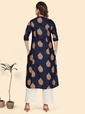 Vbuyz Women's Block Print A line Rayon Blue Stitched Kurta 3