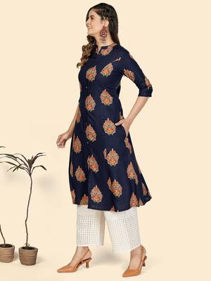 Vbuyz Women's Block Print A line Rayon Blue Stitched Kurta 4