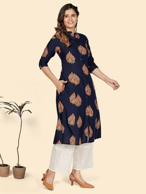 Vbuyz Women's Block Print A line Rayon Blue Stitched Kurta 5