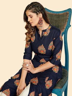 Vbuyz Women's Block Print A line Rayon Blue Stitched Kurta 6